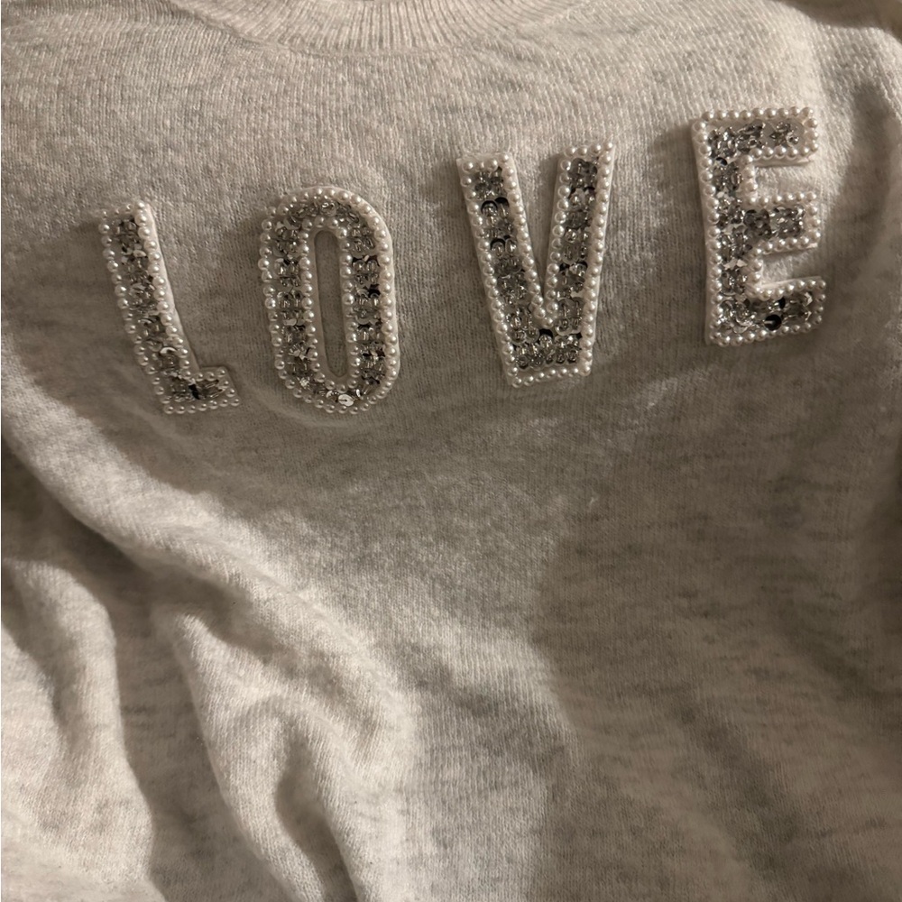 H&M Acrylic Blend  Sweater with LOVE Written in Silver Sequins & White Pearls